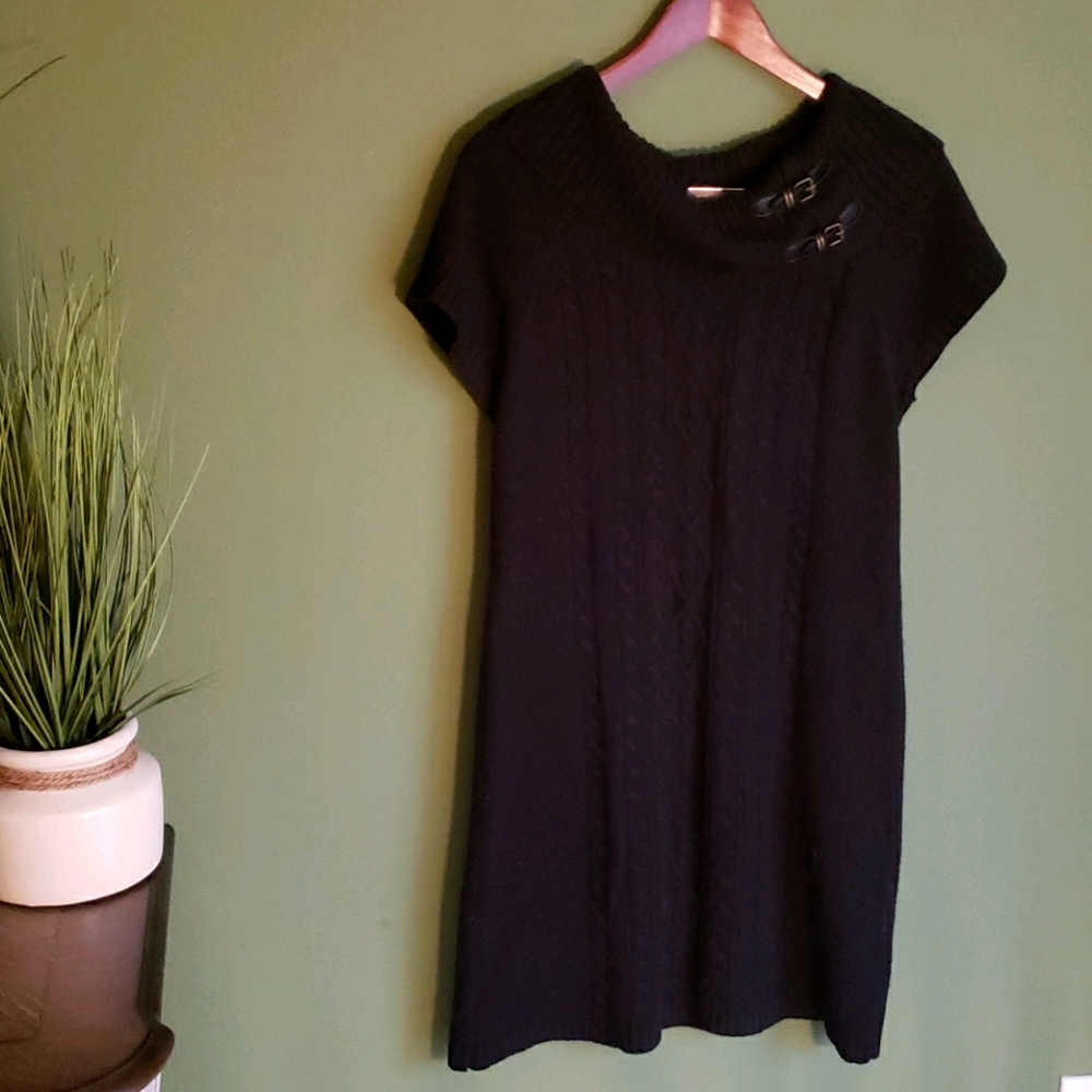 Cute Sweater Dress Cable Knit Black with Buckles